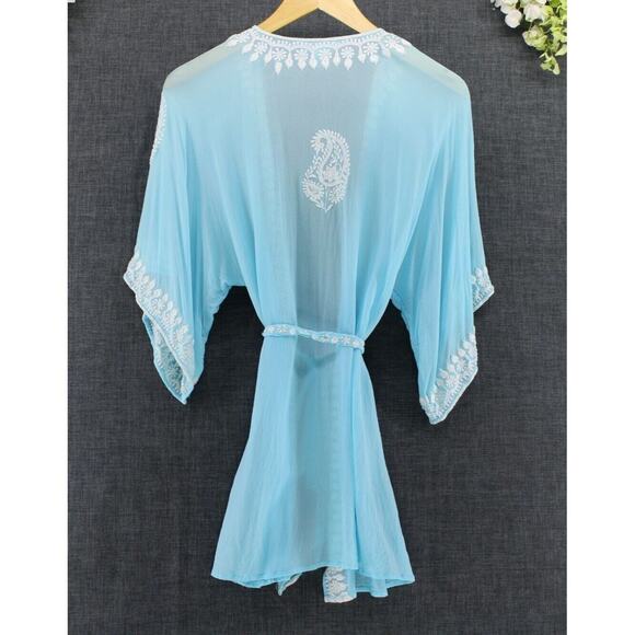 Elizabeth Hurley Beach Blue Aqua Embroidered Sheer Silk Resort Cover Up Sz S/M - Picture 2 of 5